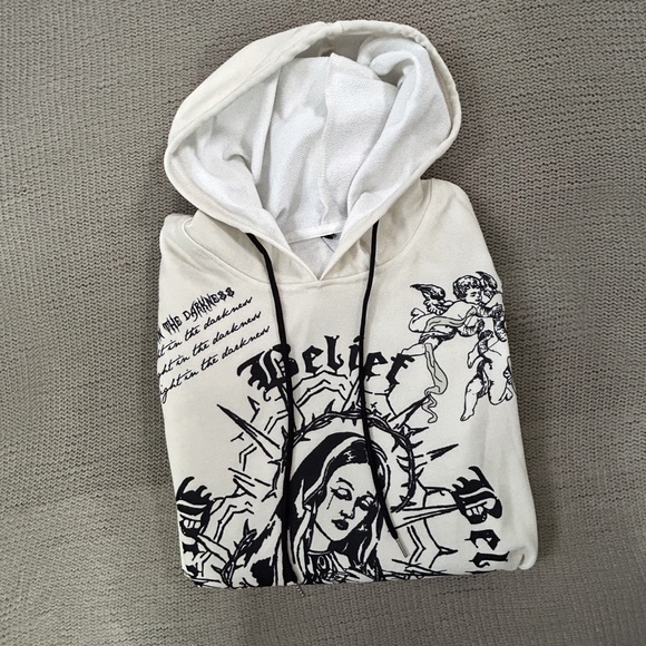 Y2K Virgin Mary Tattoo Graphic Cherub Angel Hoodie Lightweight - Picture 3 of 13